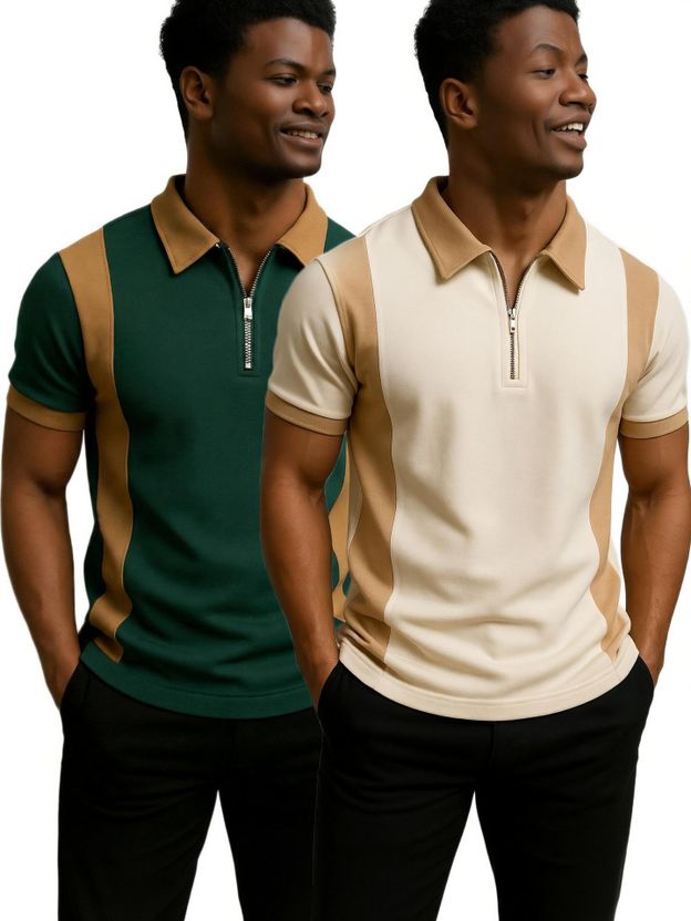 Try Men Colorblock Zip Neck Cotton Blend Green T-Shirt - Image 10