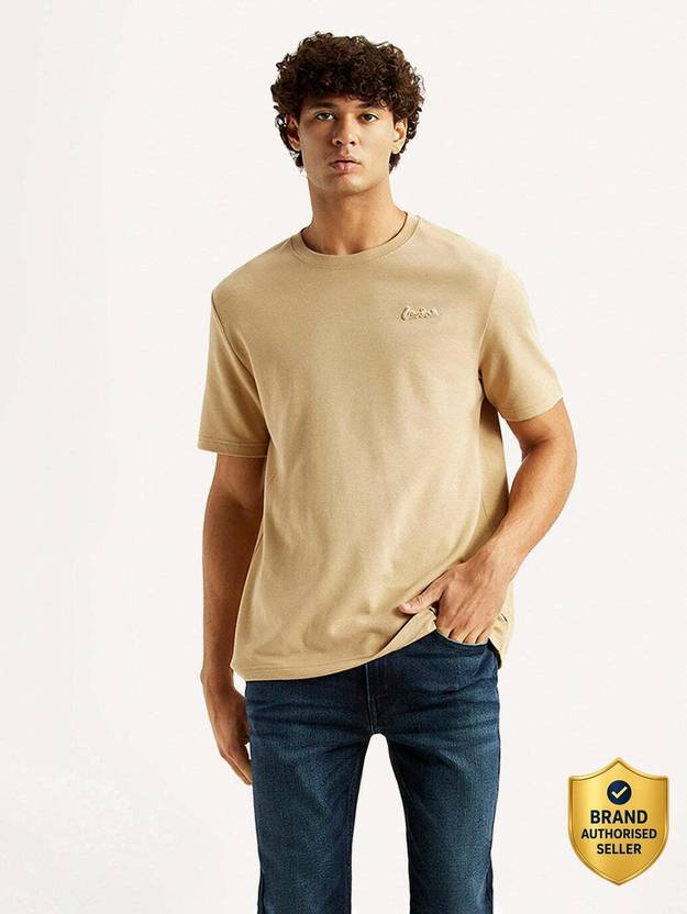 LEVI'S Men Solid Crew Neck Cotton Blend Beige T-Shirt