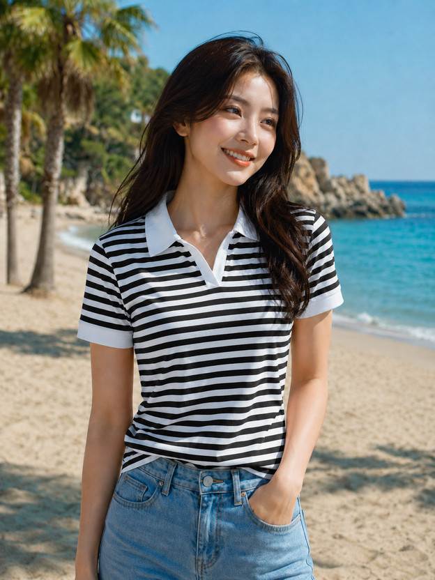 Smart Colors Striped Women Polo Neck Black, White T-Shirt