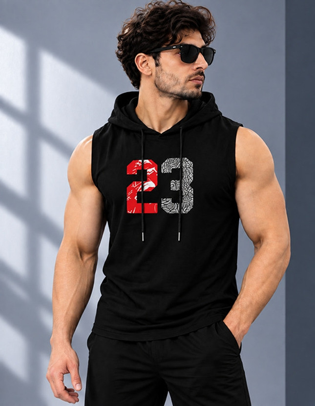 GQF Printed Men Hooded Neck Black T-Shirt