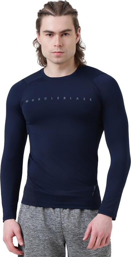 MUSCLEBLAZE Solid Men Round Neck Navy Blue T-Shirt
