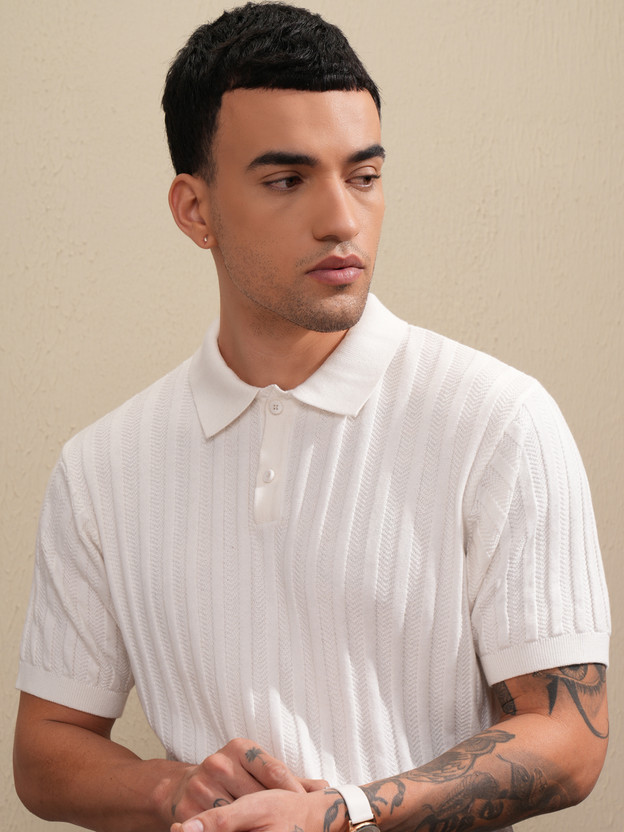 HIGHLANDER Self Design Men Polo Neck White T-Shirt