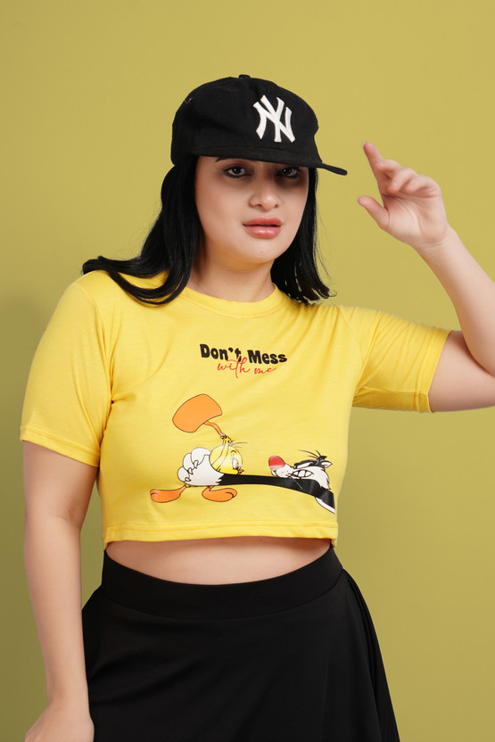 FARBOT Printed, Typography Women Round Neck Yellow T-Shirt