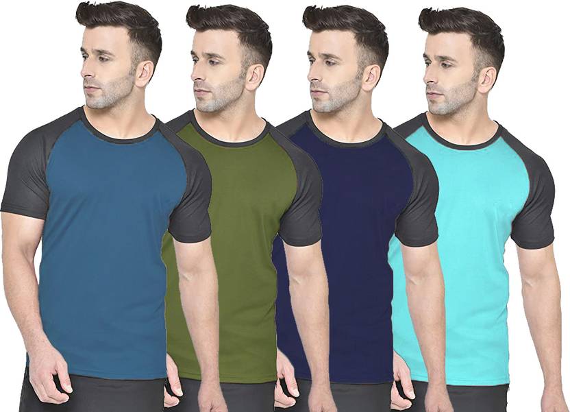 [Size S] UDI n ADI Pack of 4 Men Solid Round Neck Polyester Blue, Dark Green, Navy Blue, Light Blue T-Shirt
