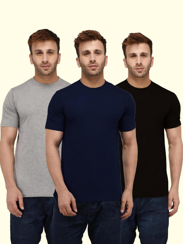 London Hills Solid Men Round Neck Dark Blue, Black, Grey T-Shirt