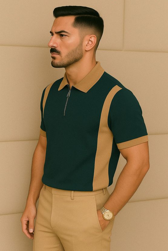 Try Men Colorblock Zip Neck Cotton Blend Green T-Shirt - Image 3