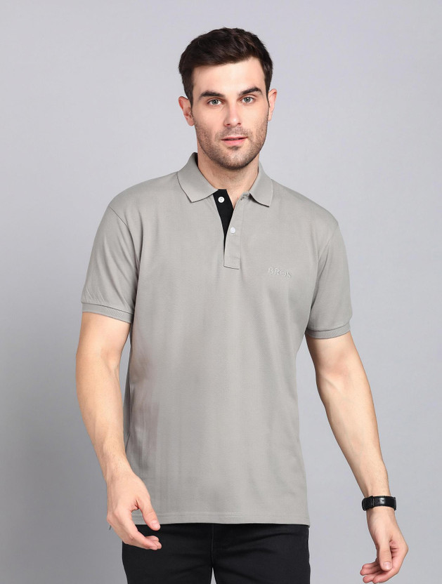 3BROS Embroidered Men Polo Neck Grey T-Shirt