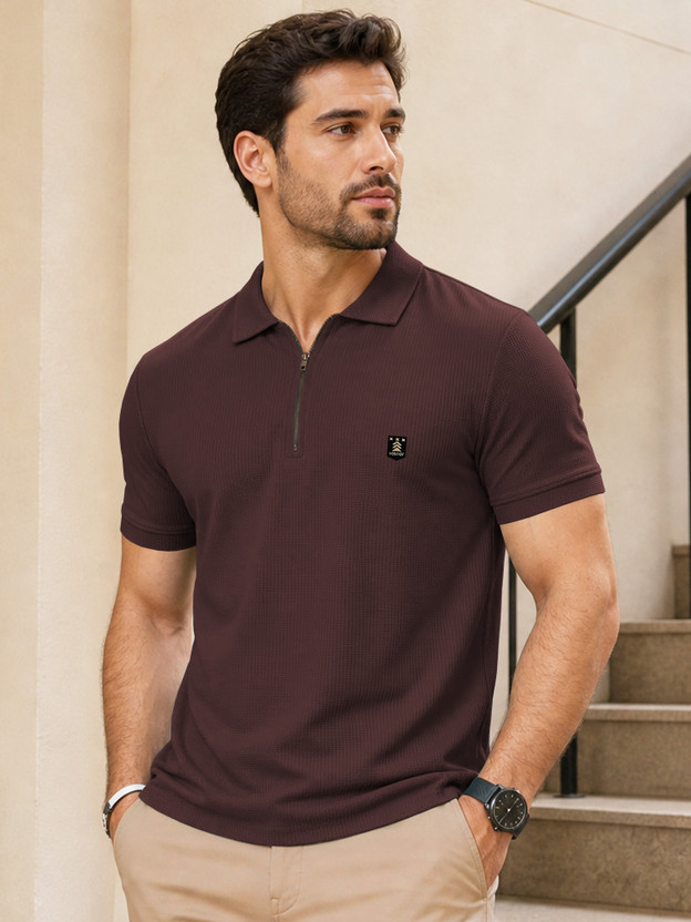 VeBNoR Solid Men Zip Neck Brown T-Shirt