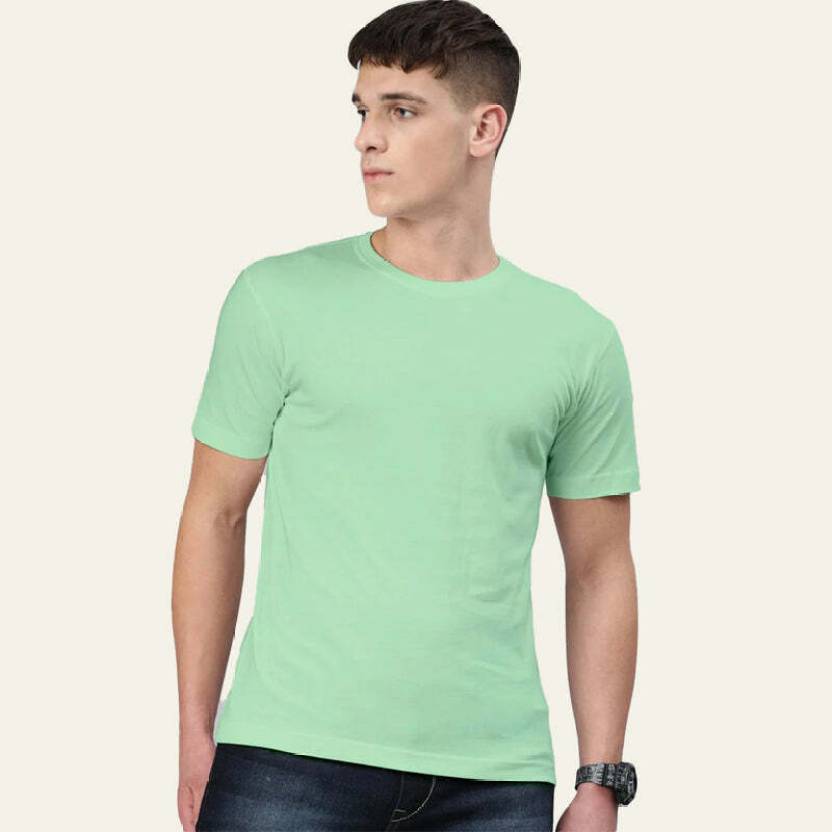 Men Solid Round Neck Pure Cotton Mint Green T-Shirt
