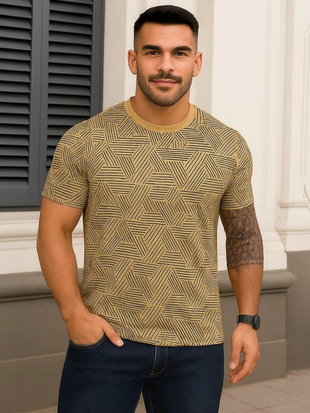 SCUBA Printed Men Round Neck Beige, Black T-Shirt