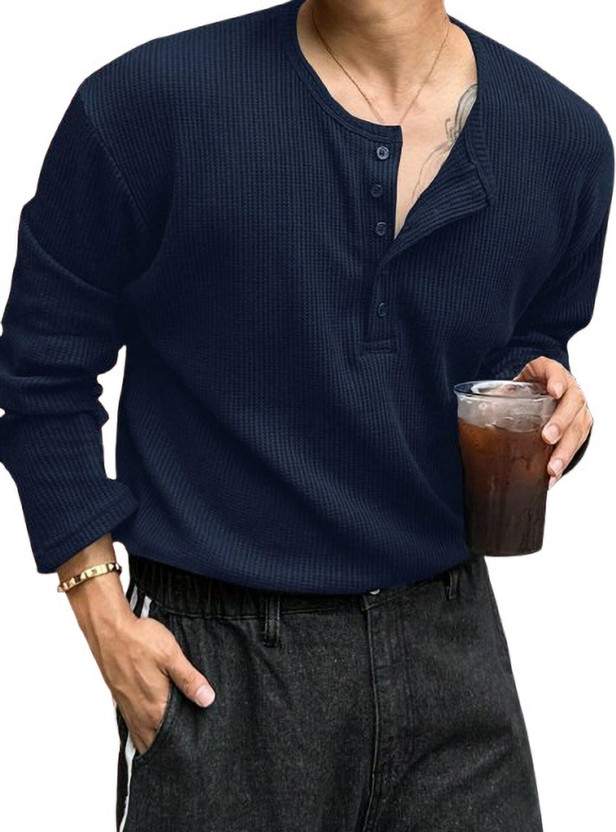 sti Solid Men Henley Neck Blue T-Shirt
