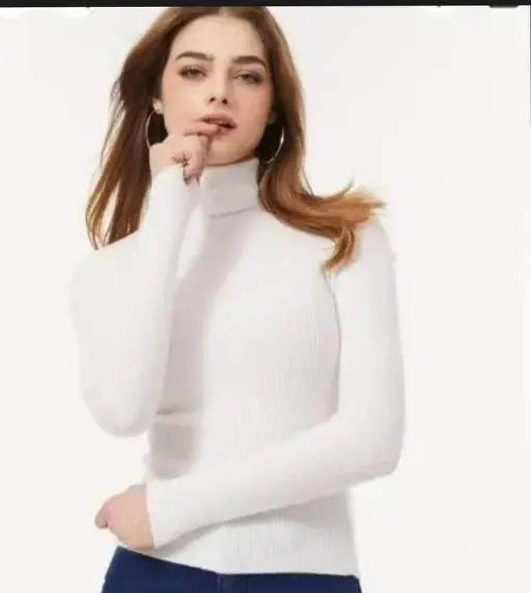 SriSaras Solid Women High Neck White T-Shirt