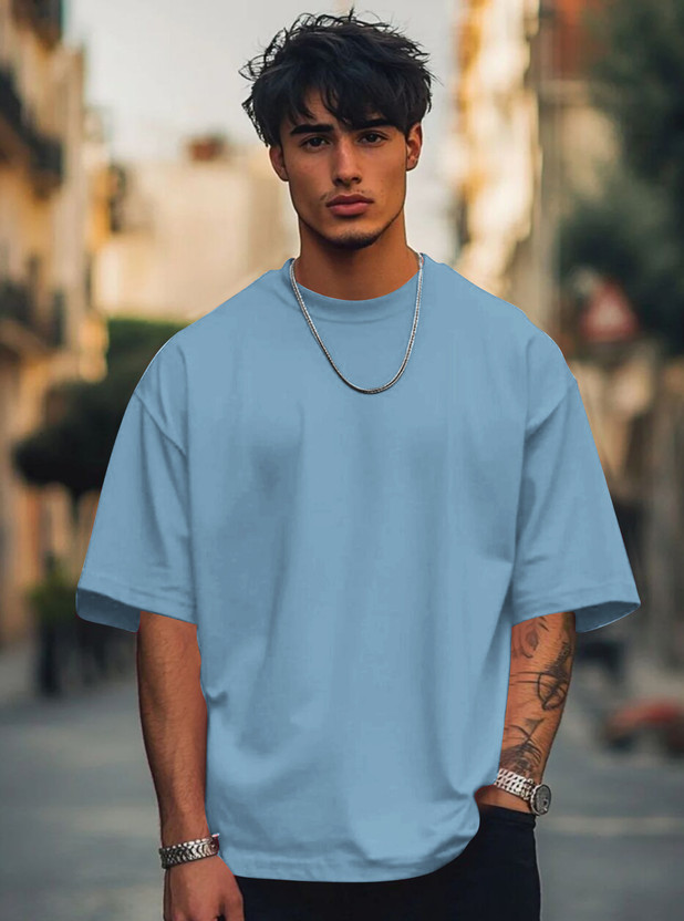 Drybe Fashion Solid Men Round Neck Light Blue T-Shirt