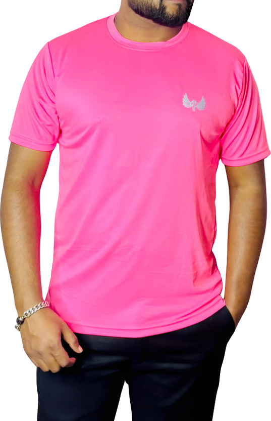 Rising Angel Solid Men Round Neck Pink T-Shirt