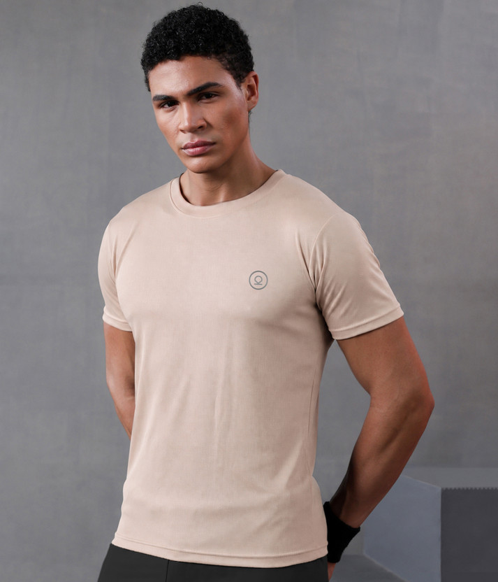 CHKOKKO Solid Men Round Neck Beige T-Shirt