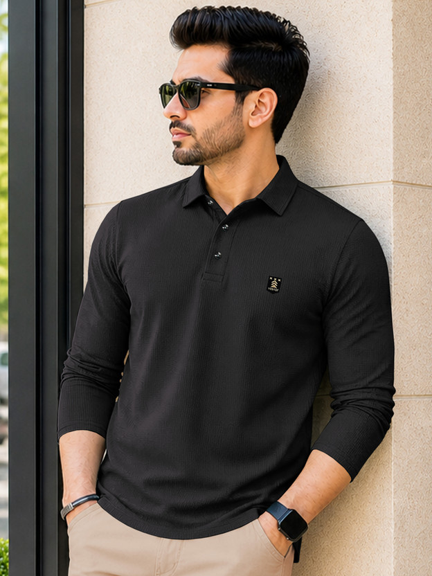 VeBNoR Self Design Men Polo Neck Black T-Shirt