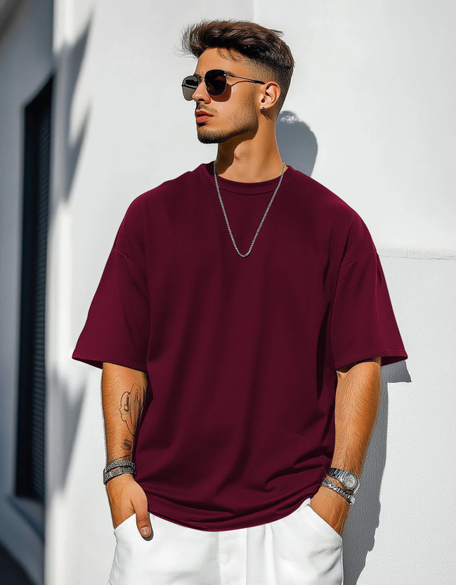 RetroTees Solid Men Round Neck Maroon T-Shirt