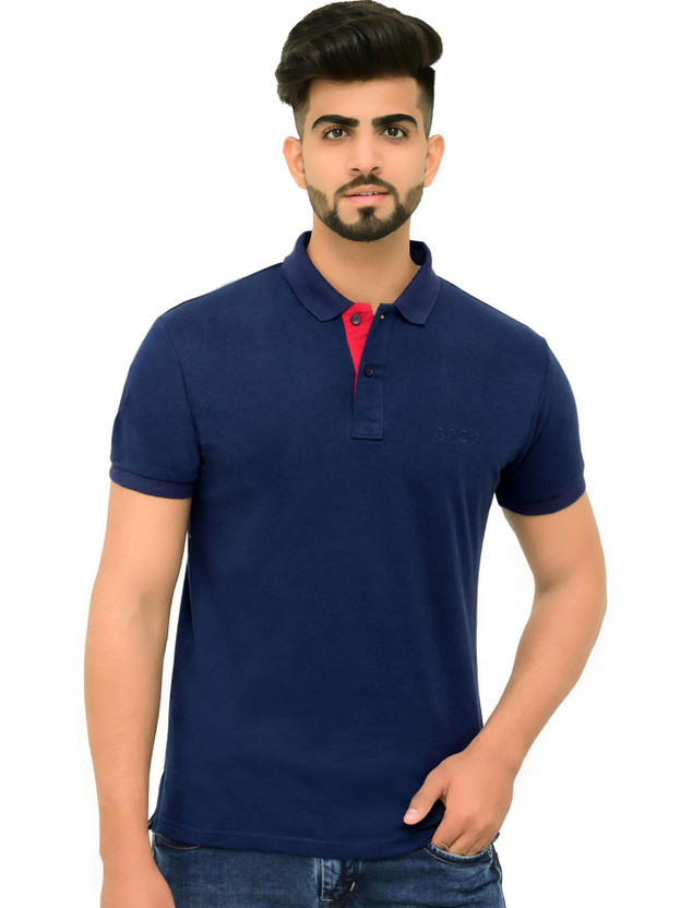 3BROS Embroidered Men Polo Neck Navy Blue T-Shirt
