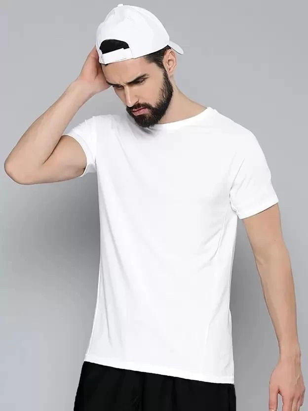 KNITWEARS Solid Men Round Neck White T-Shirt