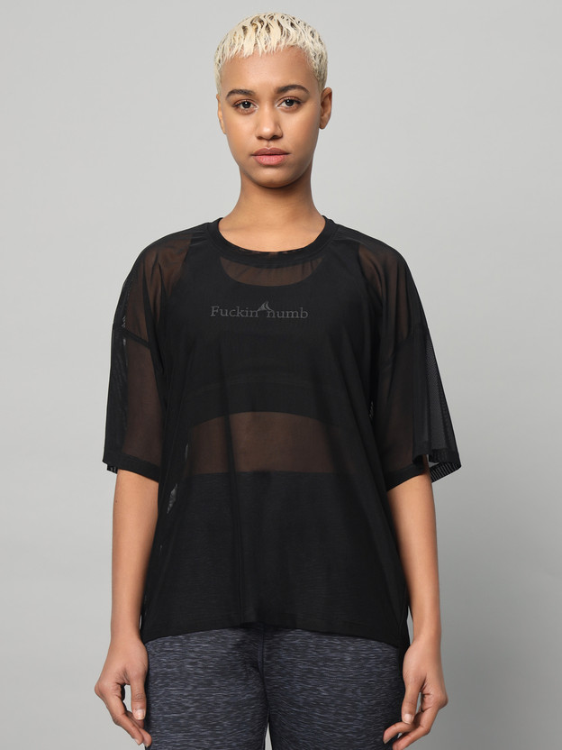 MKH Self Design Women Crew Neck Black T-Shirt