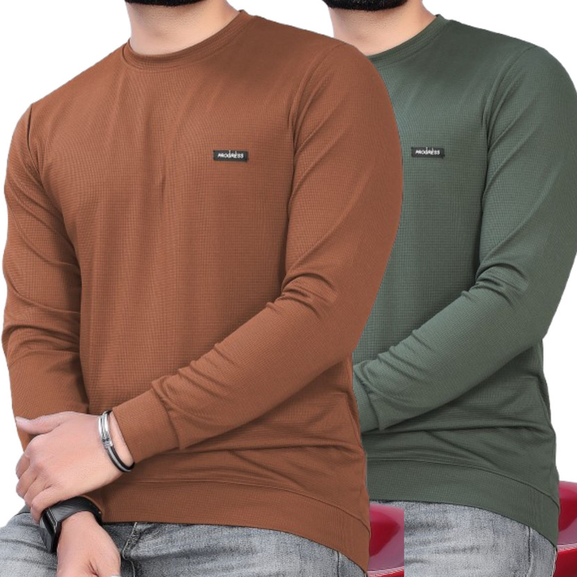 sti Solid Men Round Neck Brown, Green T-Shirt