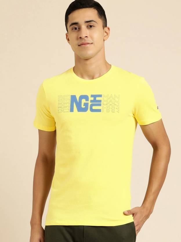 [Size L] BEING HUMAN Men Solid Crew Neck Yellow T-Shirt