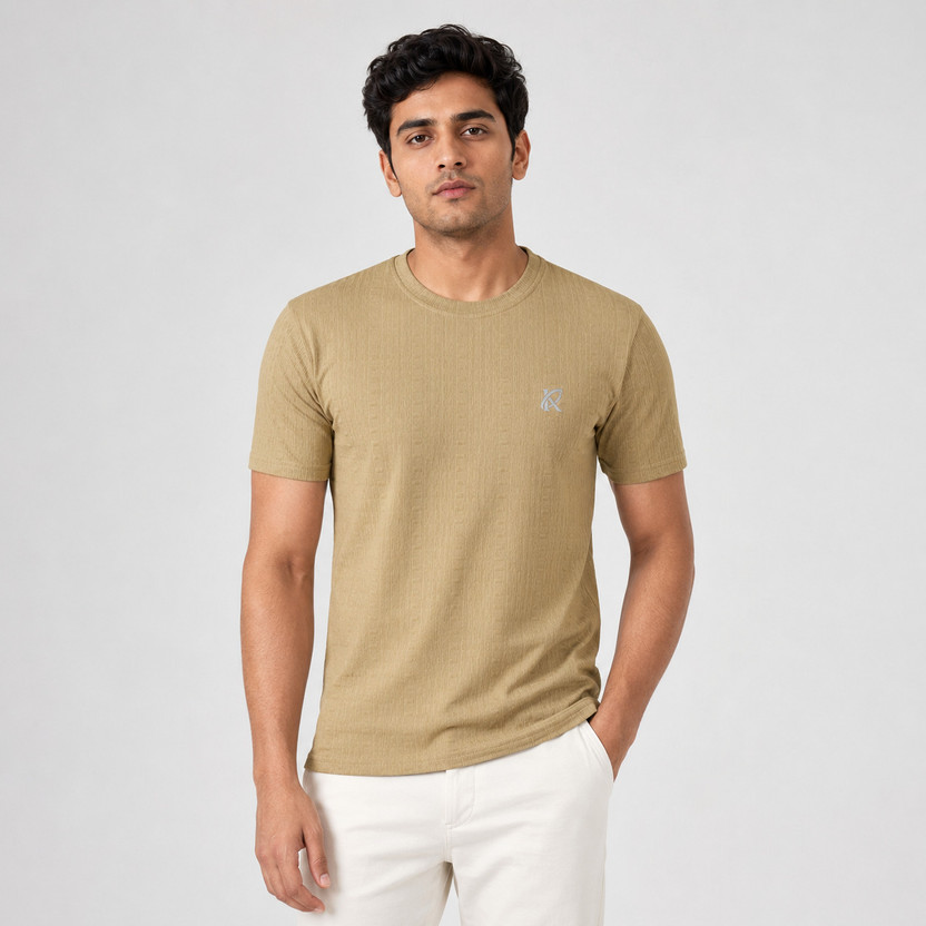 Kibitzer Self Design Men Round Neck Brown T-Shirt