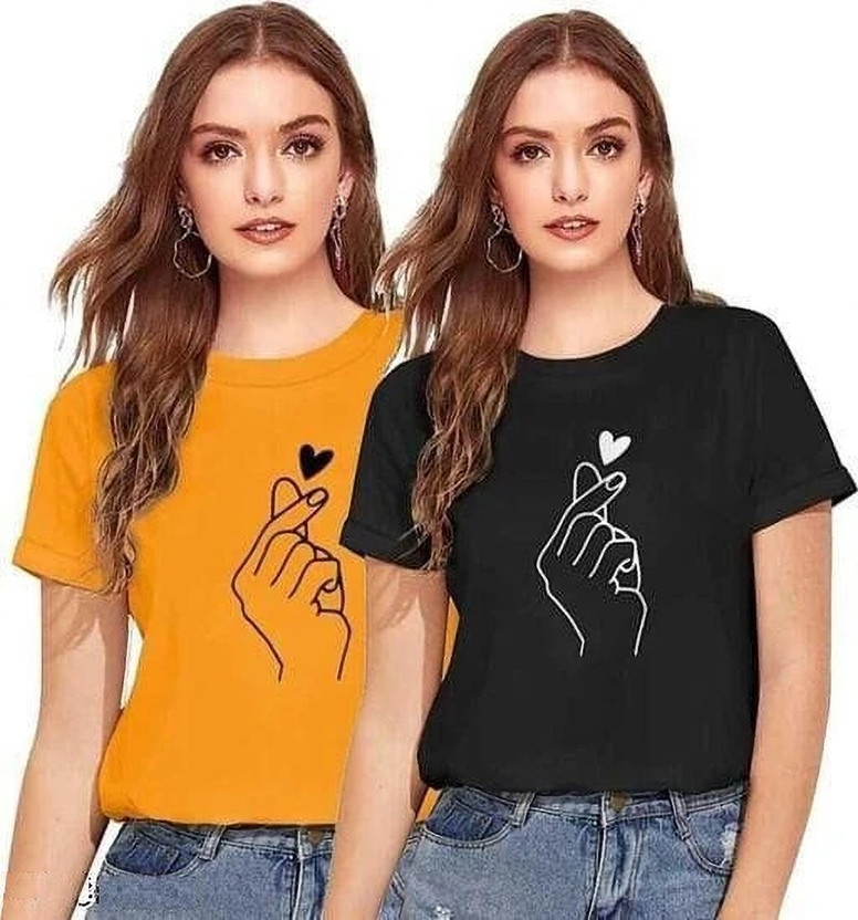 Vk Tops Printed Women Round Neck Yellow, Black T-Shirt