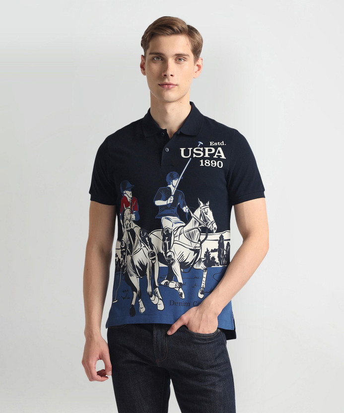 U.S. POLO ASSN. Printed Men Polo Neck Blue T-Shirt