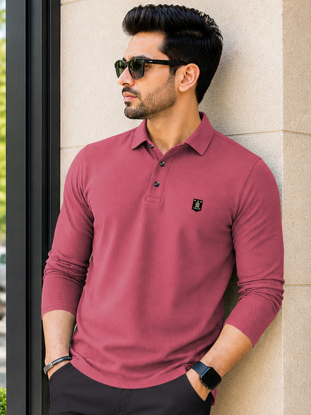VeBNoR Self Design Men Polo Neck Pink T-Shirt