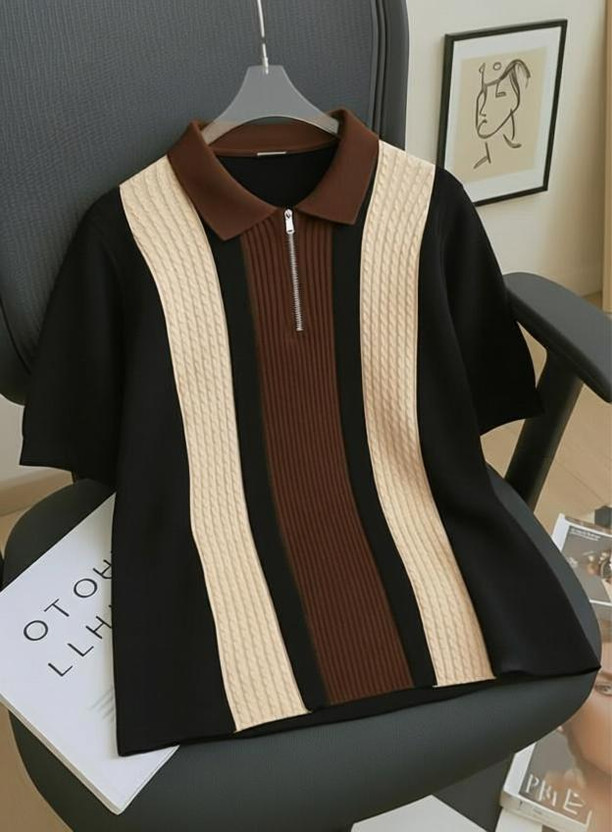 ENITOR Self Design Men Polo Neck Brown T-Shirt