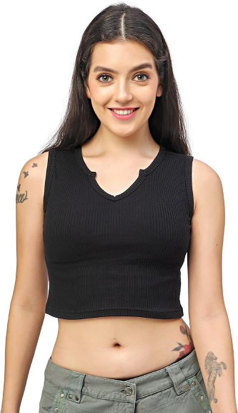 Tickled Pink Solid Women V Neck Black T-Shirt