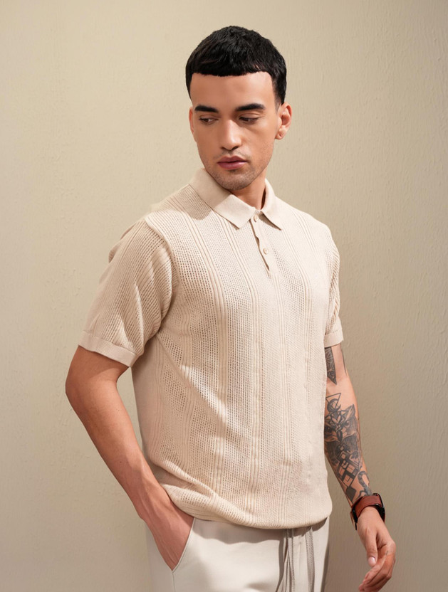 HIGHLANDER Self Design Men Polo Neck Beige T-Shirt