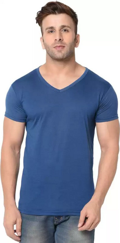 Feed Up Solid Men V Neck Blue T-Shirt
