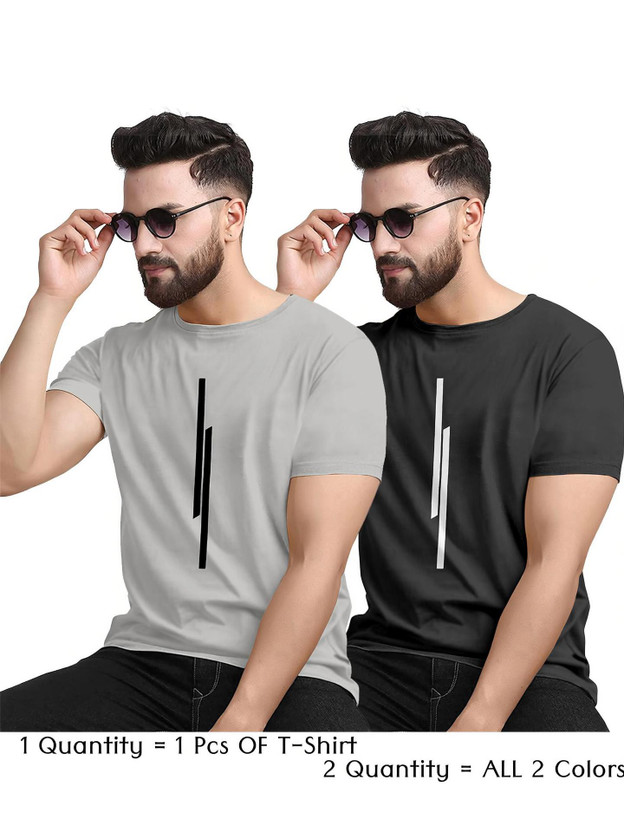 KAJARU Printed Men Round Neck Black, Grey T-Shirt