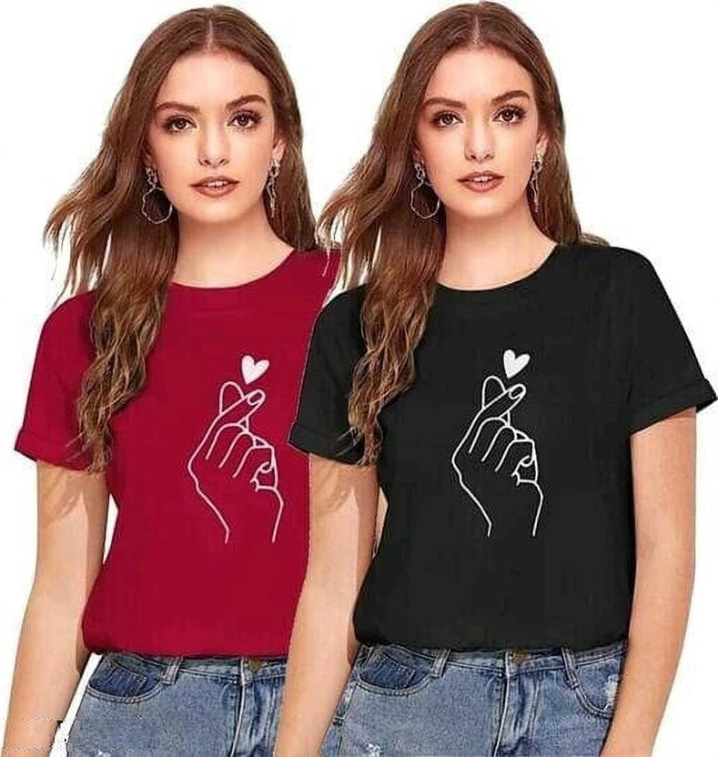 Vk Tops Printed Women Round Neck Maroon, Black T-Shirt