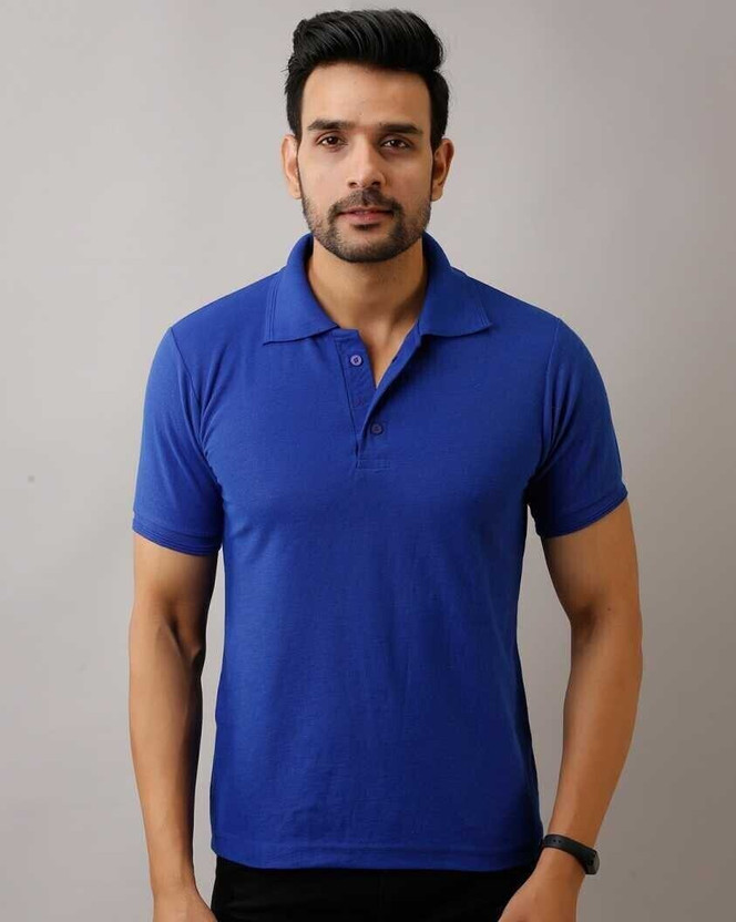 INKKR Solid Men Polo Neck Blue T-Shirt