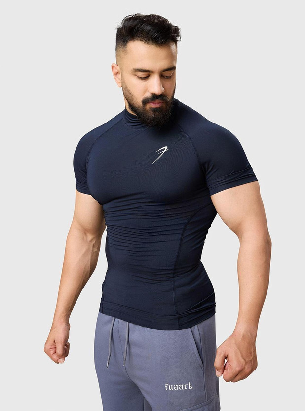 FuaarK Solid Men High Neck Navy Blue T-Shirt