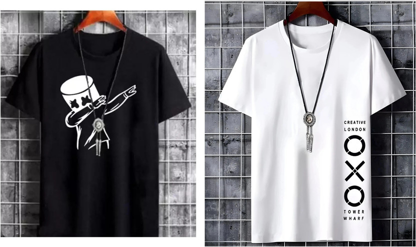 Jaqque Printed Men Round Neck Black, White T-Shirt