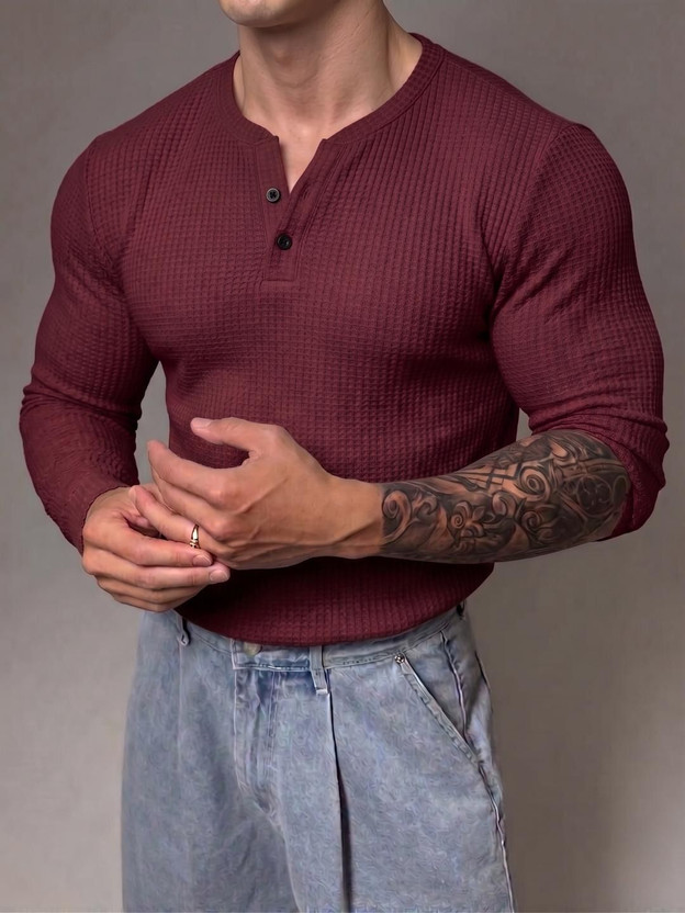 MKIMPEX Self Design Men Henley Neck Maroon T-Shirt