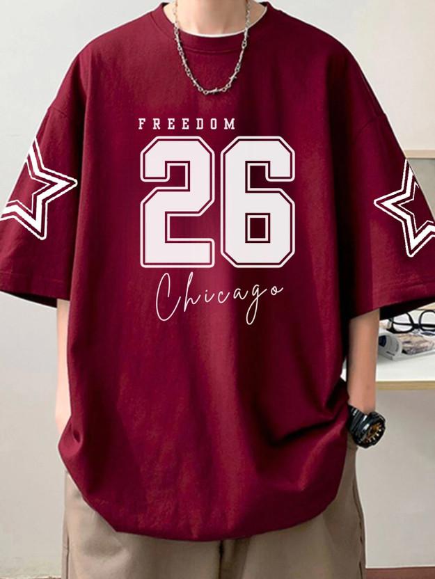 BLIVE Printed Men Round Neck Maroon, White T-Shirt
