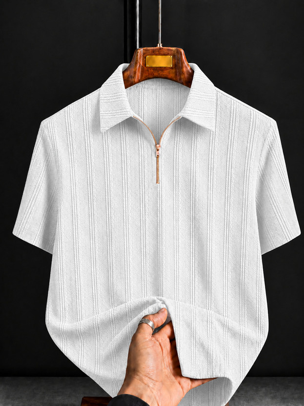 COMBRAIDED Self Design Men Polo Neck White T-Shirt