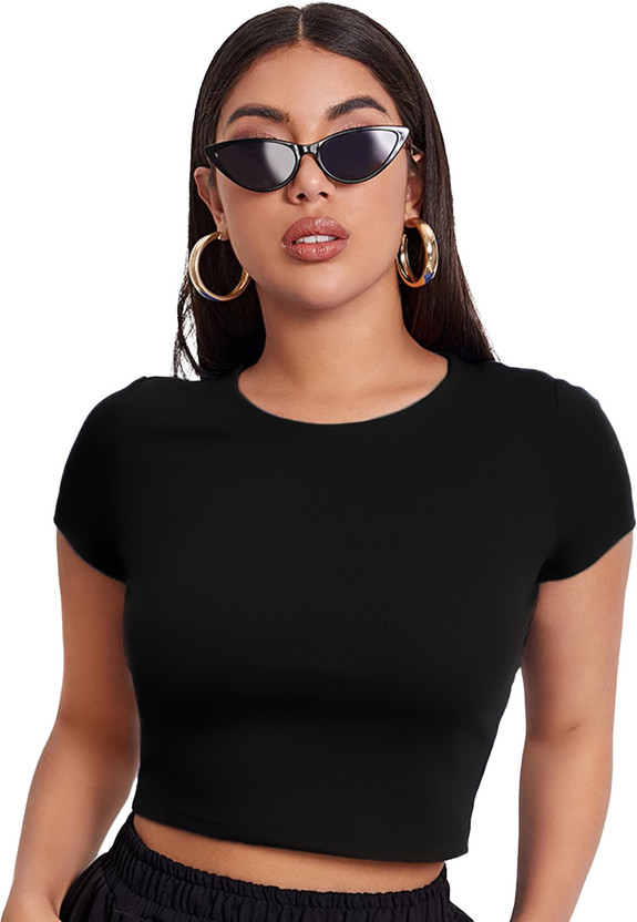 Leotude Solid Women Round Neck Black T-Shirt