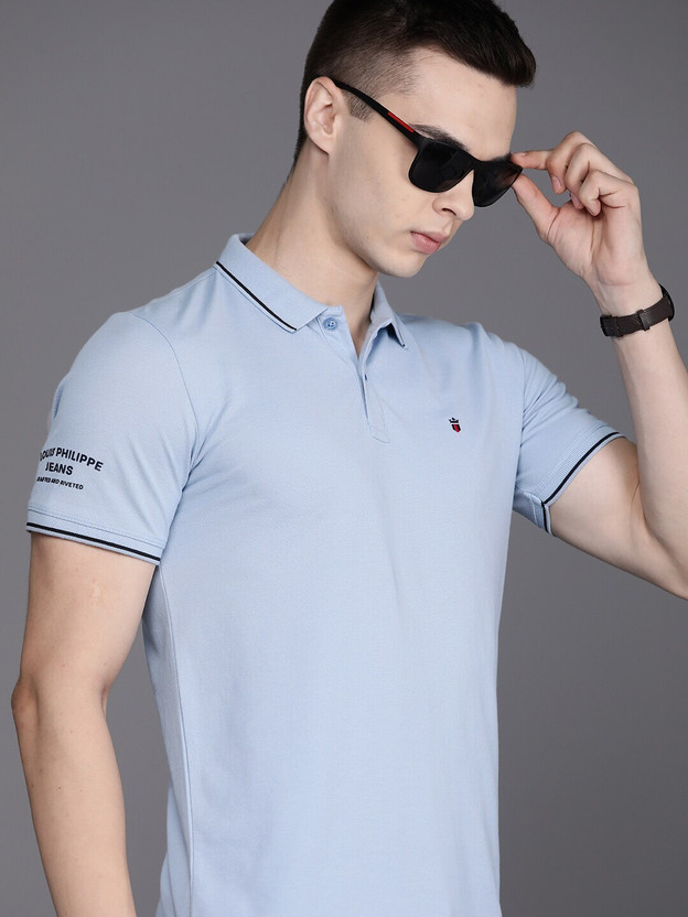 Louis Philippe Jeans Solid Men Polo Neck Light Blue T-Shirt