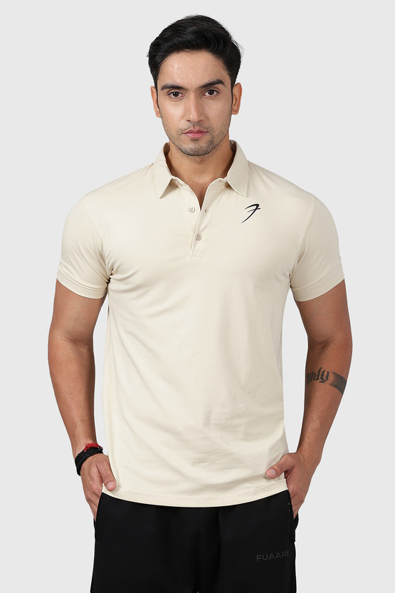 FuaarK Solid Men Polo Neck Beige T-Shirt