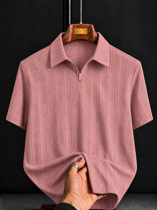 COMBRAIDED Self Design Men Polo Neck Pink T-Shirt