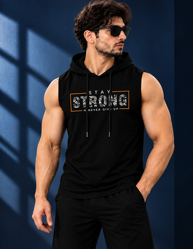 GQF Printed Men Hooded Neck Black T-Shirt
