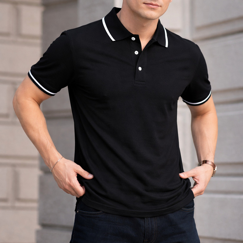true habit Solid Men Polo Neck Black T-Shirt