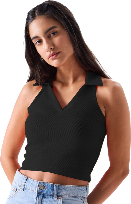 Leotude Solid Women V Neck Black T-Shirt