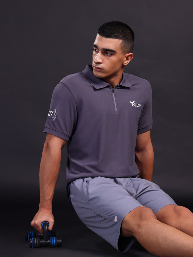 TECHNOSPORT Printed Men Polo Neck Purple T-Shirt